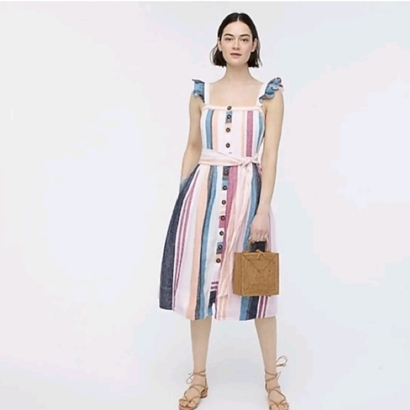J Crew Button Up Midi Belted Linen Dress Mixed Stripe AK255 - Picture 3 of 12